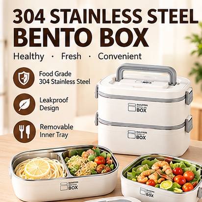 Bento Box - 二重構造の304ステンレス製弁当箱。漏れ防止機能付きで、オフィス、学校、ピクニックに最適な携帯用食品容器。