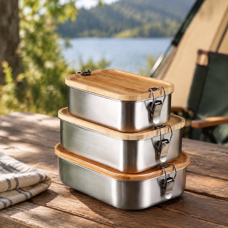 Bento Box - 竹製の蓋が付いた、日本の伝統的な弁当箱。304ステンレス製で、耐久性に優れた食品保存容器。