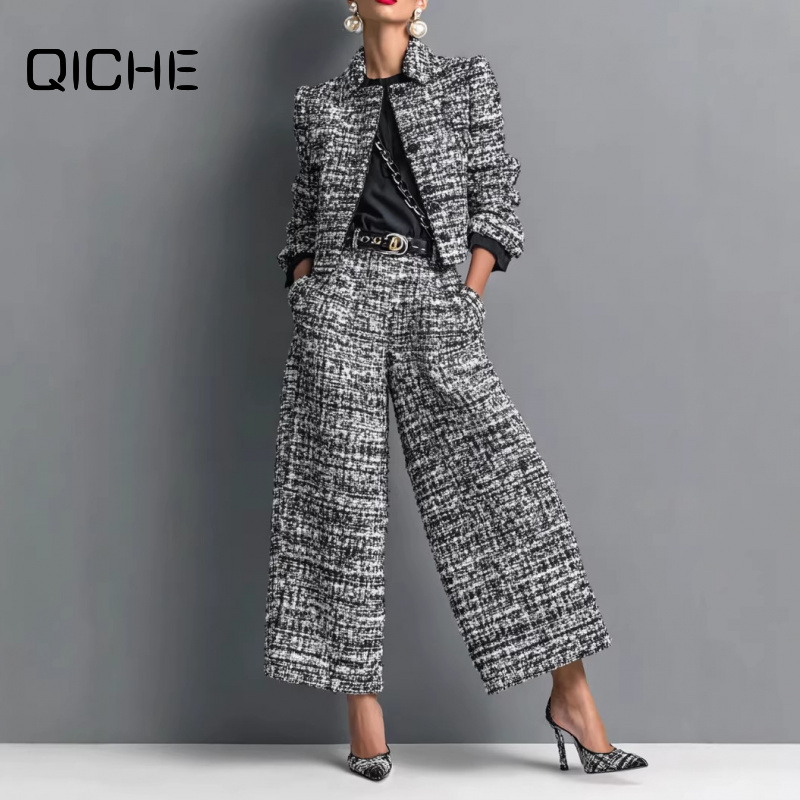 Matcha - QICHE 新2026 レディース ヨーロピアンマッチングセット ラペル付き長袖クロップドジャケット スリムフィットワイドレッグパンツセット