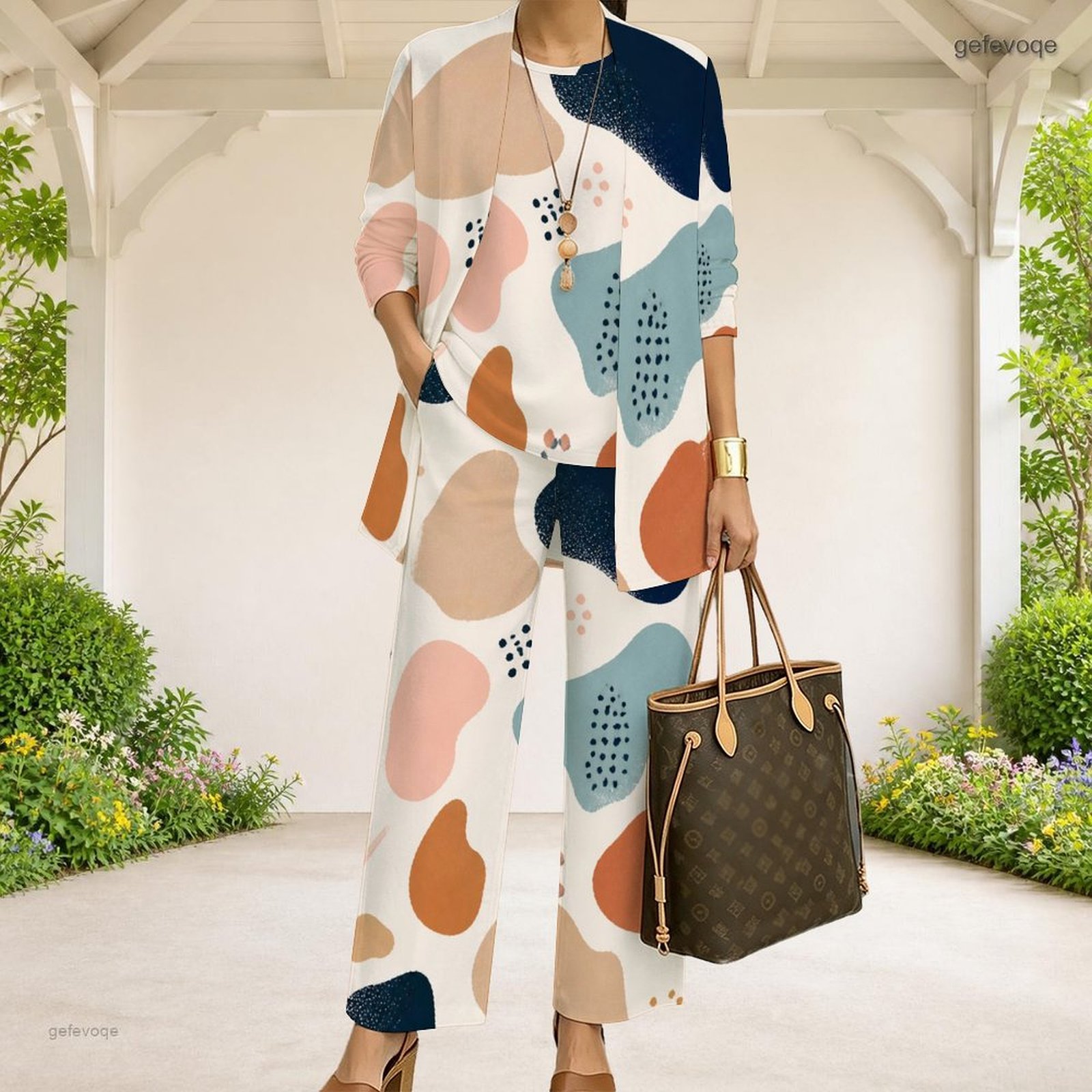 Matcha - レディース、抽象柄プリントの3点セット。3/4丈の袖が特徴のオープンカーディガンと、それに合わせたトップス、そしてロングパンツ。