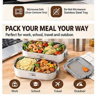 二重構造の304ステンレス製弁当箱。漏れ防止機能付きで、オフ - Bento Box のレビューと価格